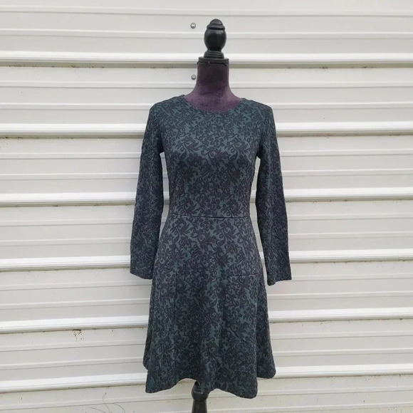 Loft Ann Taylor A-Line Floral Green Black Emerald Dress Long Sleeve Stretch Sz 4 - Picture 3 of 12